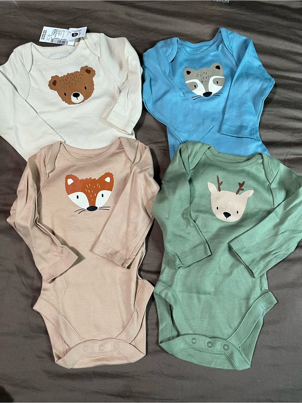 Oeko Tex 4-Pack Long-Sleeve One-Piece Bodysuits - Bear, Raccoon, Fox & Deer